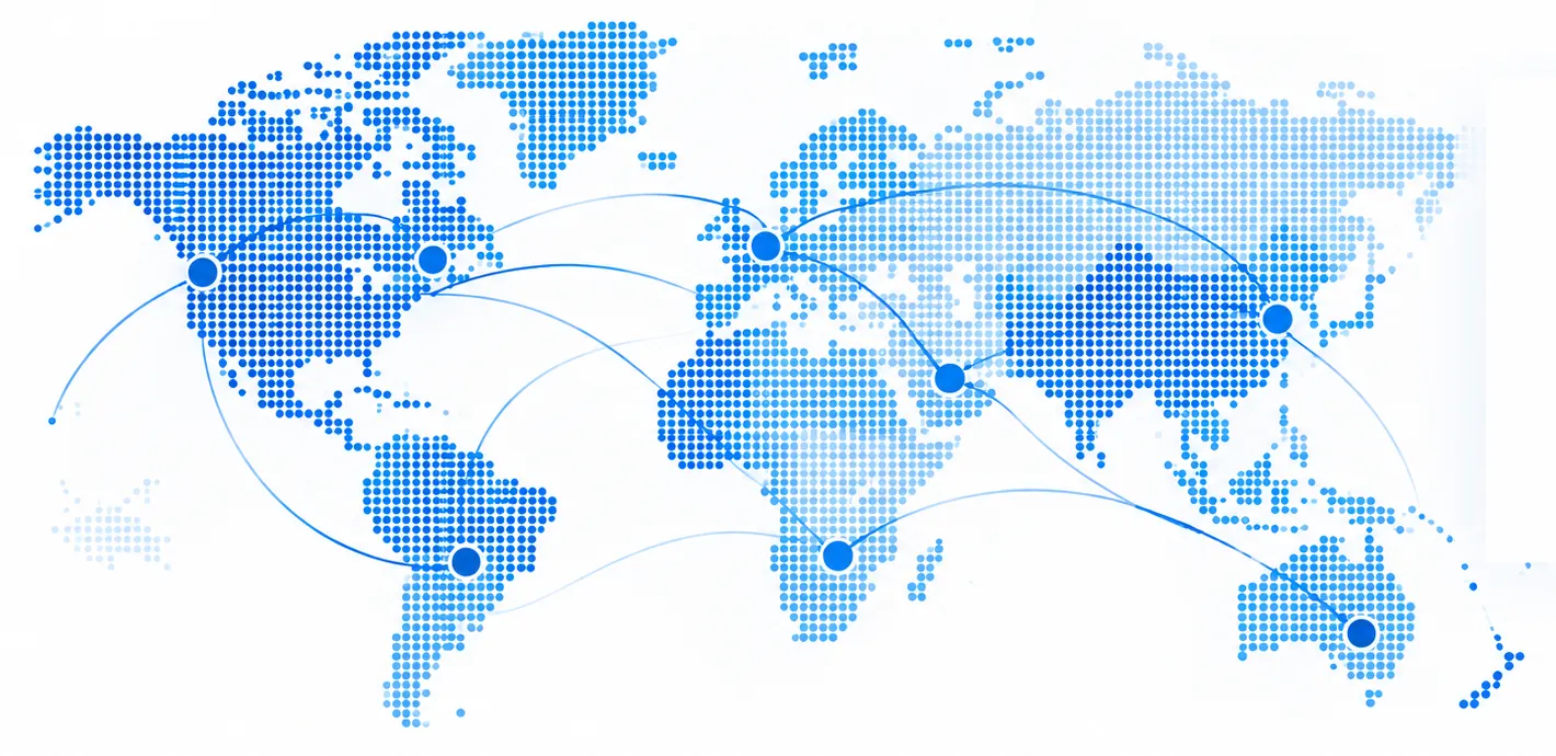 Dotted world map with blue route lines linking North America, Europe, Asia, Africa, South America and Australia