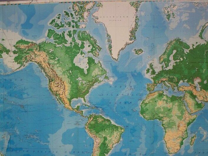 Large relief map of the world showing the continents and oceans